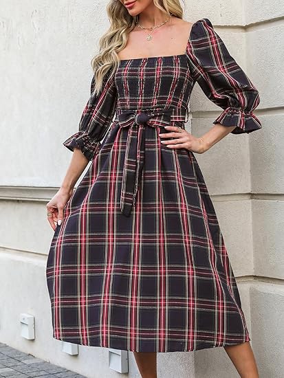 CUPSHE Women's Maxi Dresses Square Neck Plaid Smocked Belted Ruffled Casual Half Trumpet Sleeve A Line Long Party Dress