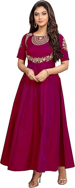 TRENDMALLS Women's Leeva Silk Embroidery Anarkali Kurti Claf-Long Short Sleeve Kurti for Woman