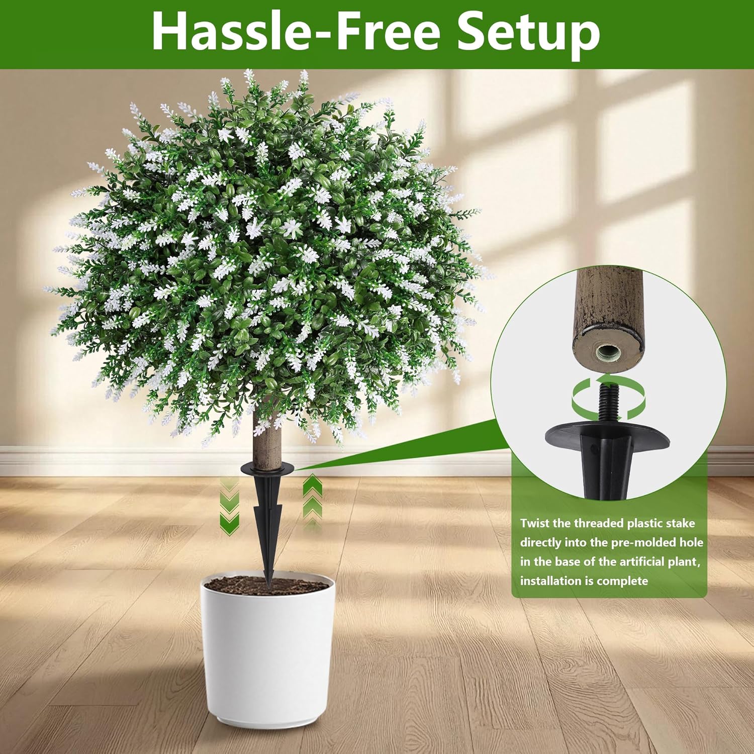 HyeFlora 26'' Artificial Topiary Boxwood Ball Trees with Lavender 2 Pack Fake Plants for Outdoor Indoor Artificial Shrubs with Ground Spike UV Resistant Fake Bushes for Front Porch Garden (White)