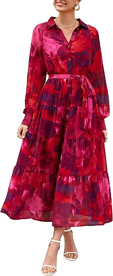 PRETTYGARDEN Women's Fall Dress 2025 Casual Long Sleeve Button Down Belted Boho Floral Flowy Maxi Wedding Guest Dresses