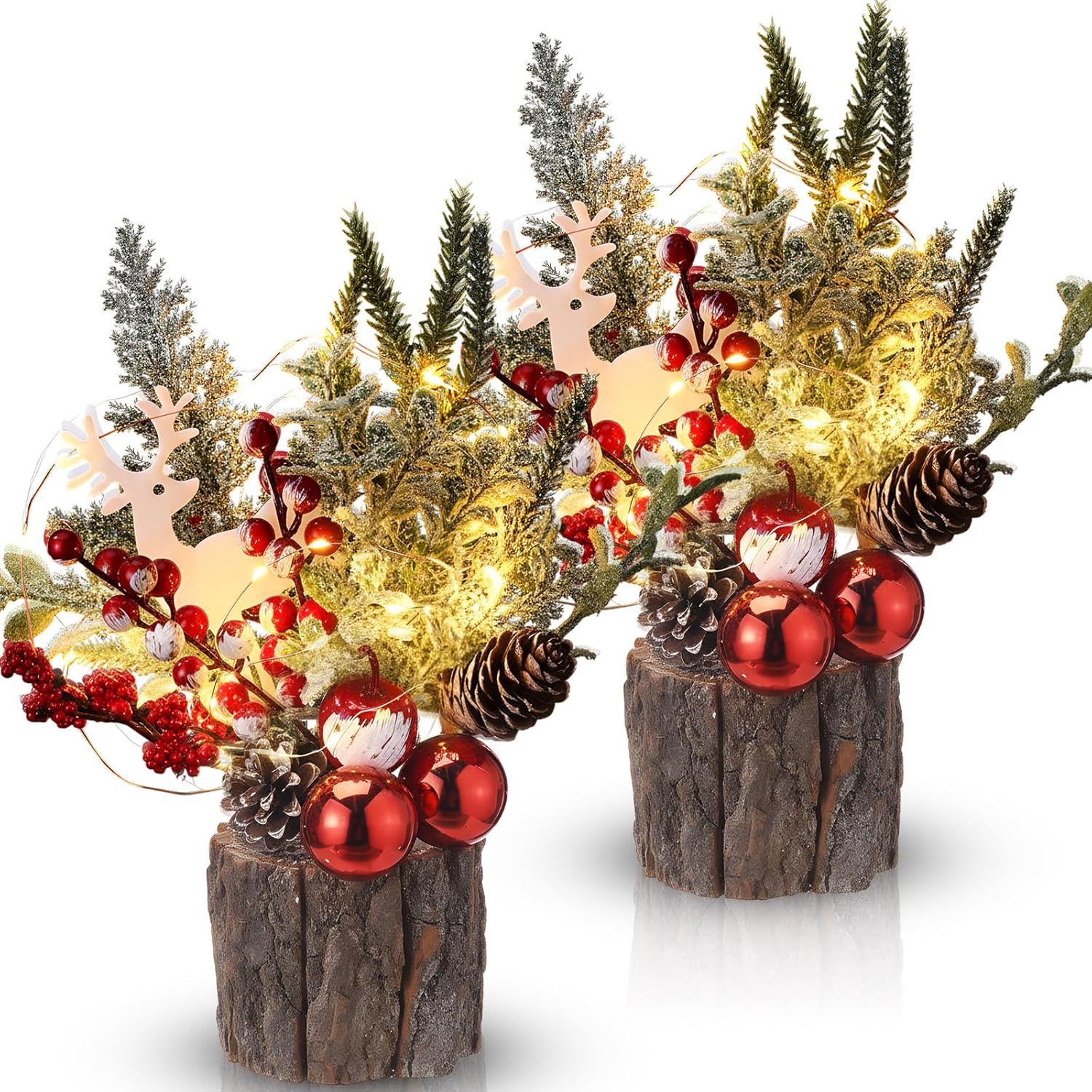 2 Pack Small Christmas Table Tree with Lights Centerpieces Decoration, Artificial Mini Christmas Tree with Elk Berries Pine Cones Fake Potted Plant for Home Table Indoor Xmas Decor