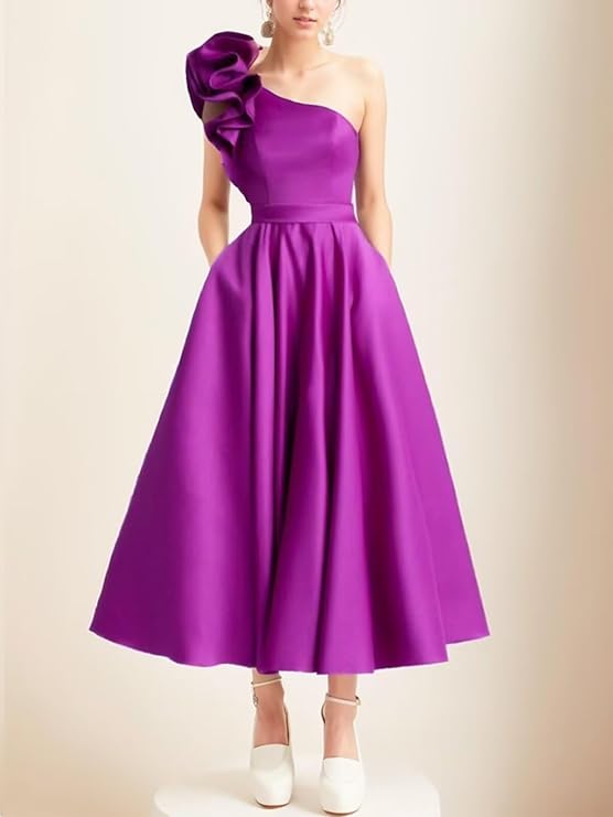 Women's One Shoulder Elegant Evening Dress with Pockets Satin Tea Length A Line Formal Wedding Guest Dress