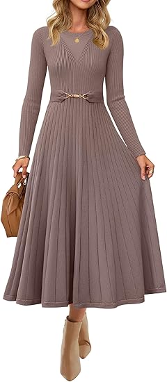 ZESICA Women's Long Sleeve Midi Sweater Dress 2025 Fall Crewneck Knit A Line Pleated Flowy Long Dresses with Belt