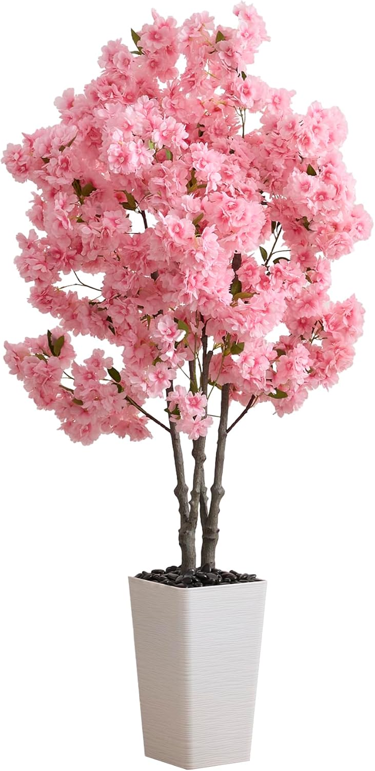 Artificial Cherry Blossom Tree, 5FT Fake Plants Indoor, Faux Pink Sakura Flowers Blooming Tree in Pot, Artificial Trees Silk Plant for House Bedroom Living Room Office Entryway Porch Decor