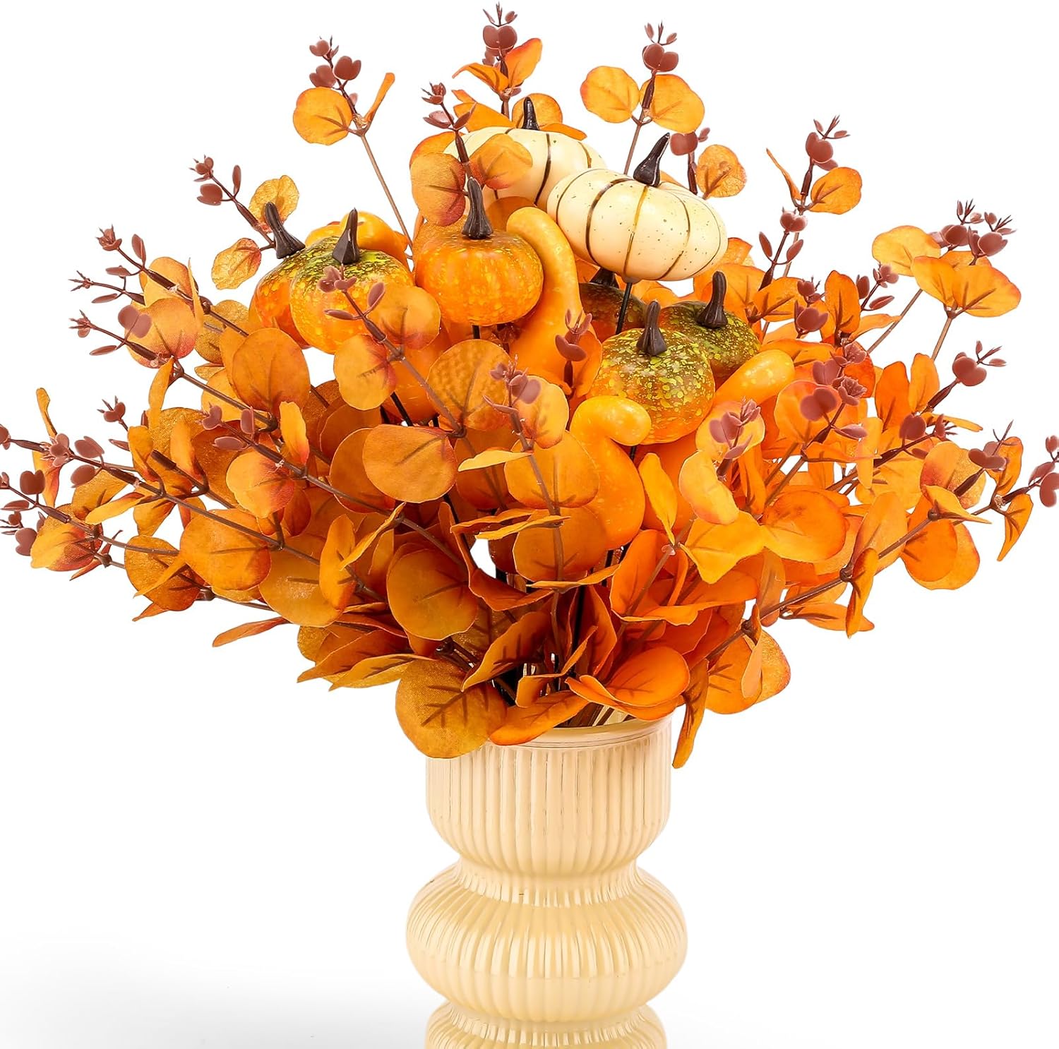 15 Pcs Thanksgiving Pumpkin Decorations Fake Pumpkin Branches with Artificial Eucalyptus Stems for Thanksgiving Harvest Table Centerpiece Table Decorations Floral Arrangement