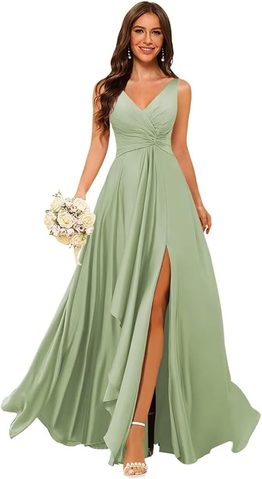 Stylefun Double V Neck Satin Bridesmaid Dresses for Women Long Ruffled Split A-line Formal Prom Dresses with Pocket STN005