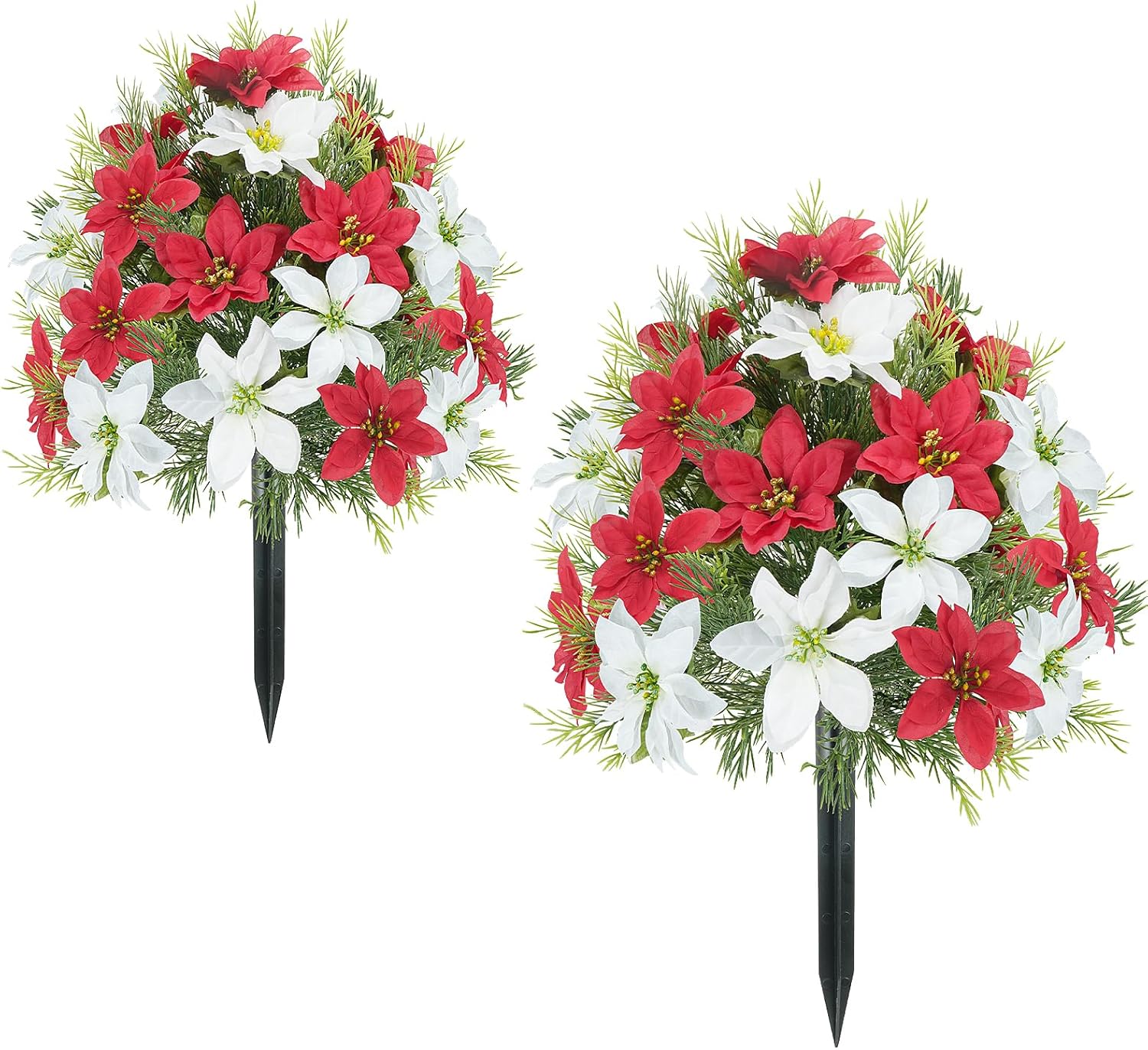 2 Packs 23.6" Poinsettia Flowers Artificial Trees, Artificial Christmas Flowers for Outdoors, Faux Poinsettia UV Resistant Shrubs for Porch Patio Garden Cemetery Decoration （Red and White